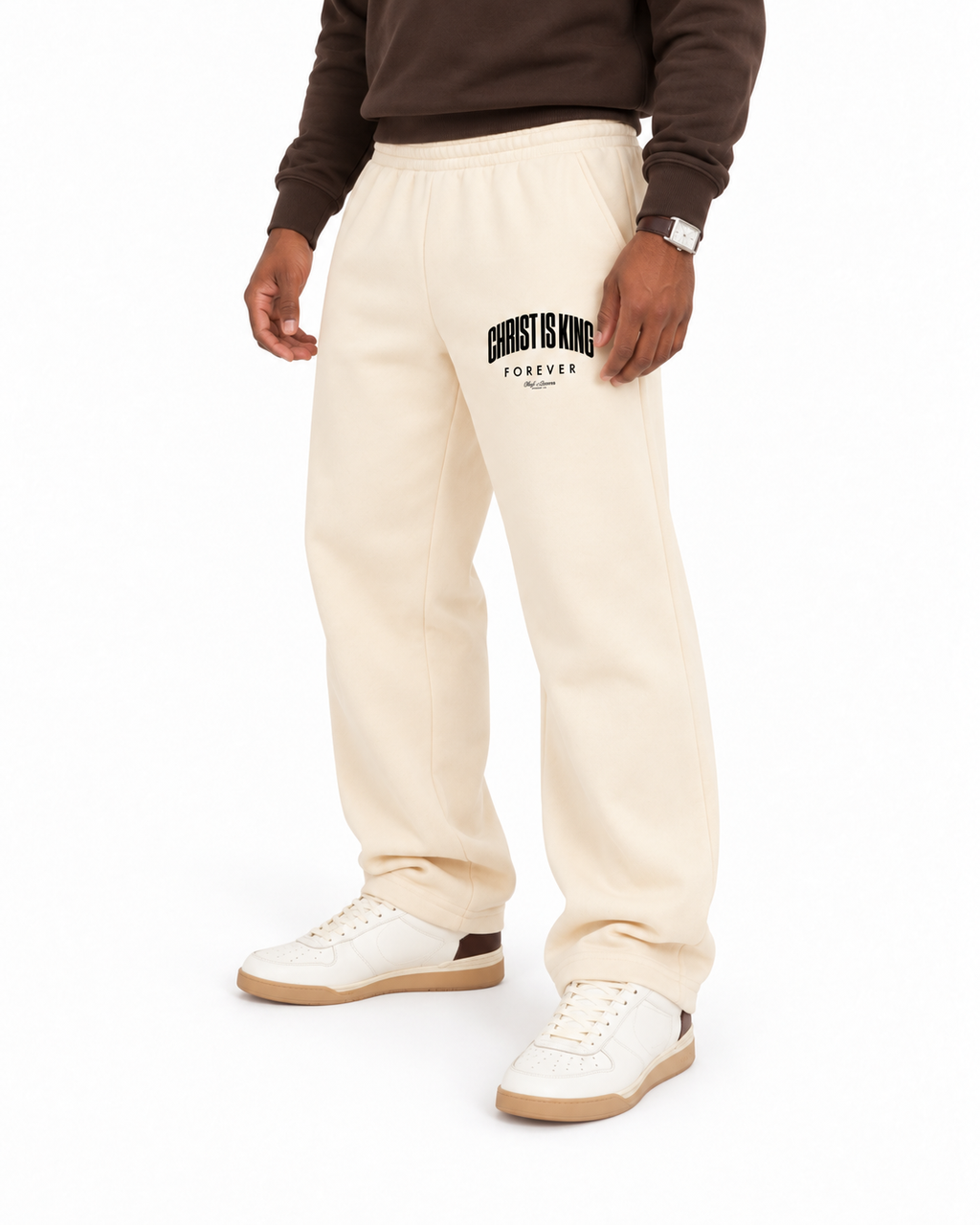 Chief Of Sinners Unisex Barrel Leg Sweatpants — Apricot bottoms, male fit detail
