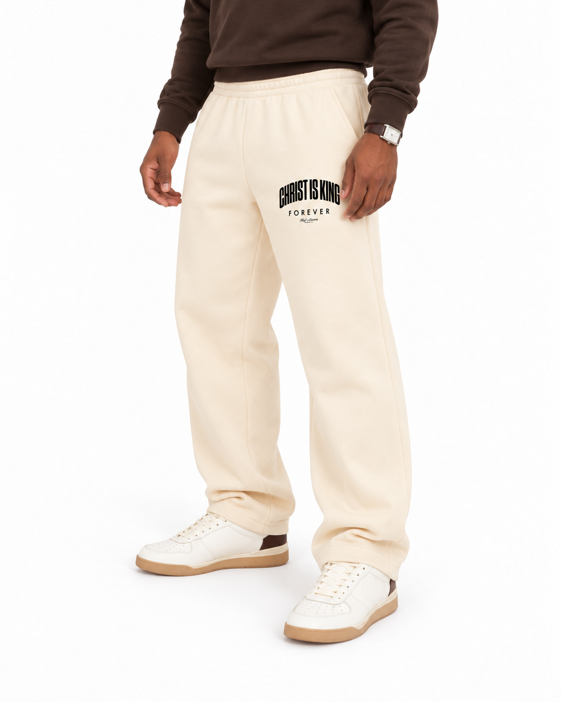 Chief Of Sinners Unisex Barrel Leg Sweatpants — Apricot bottoms, male fit detail