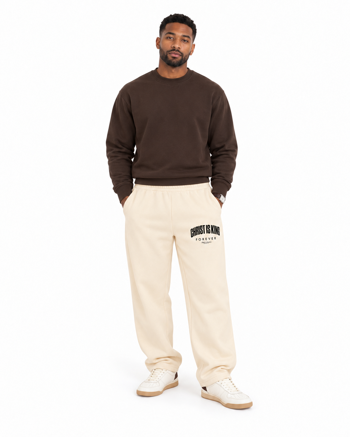 Chief Of Sinners Unisex Barrel Leg Sweatpants — Apricot bottoms, male front outfit