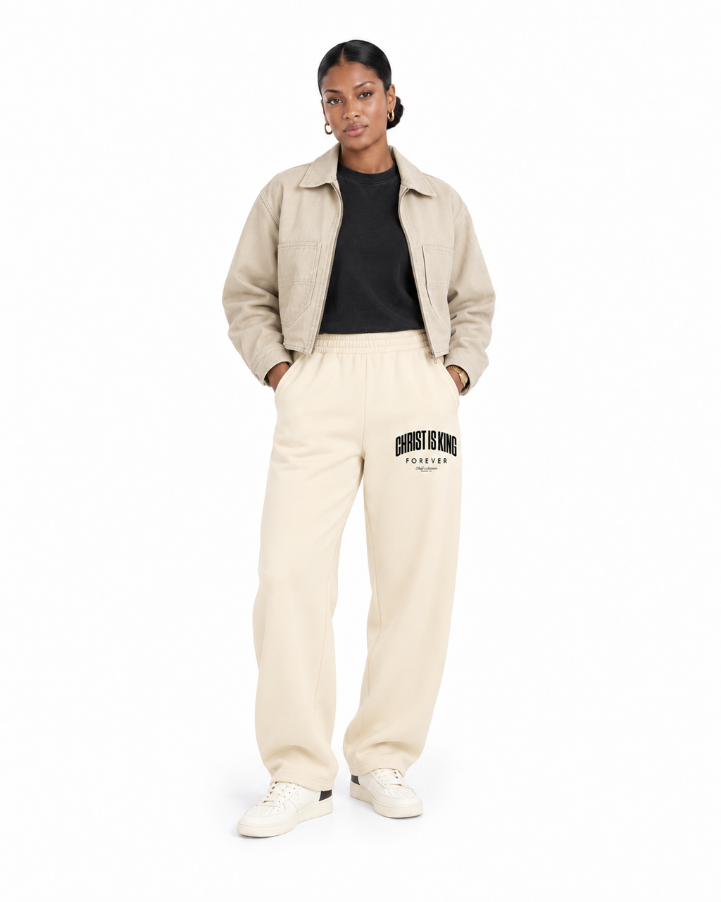 Chief Of Sinners Unisex Barrel Leg Sweatpants — Apricot bottoms, female front outfit