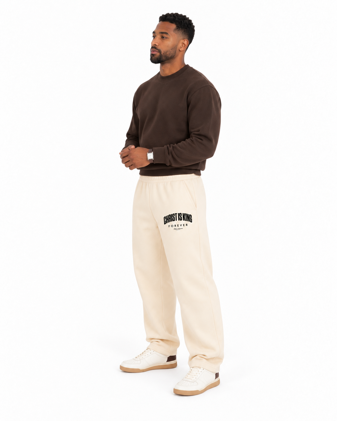 Chief Of Sinners Unisex Barrel Leg Sweatpants — Apricot bottoms, male side outfit