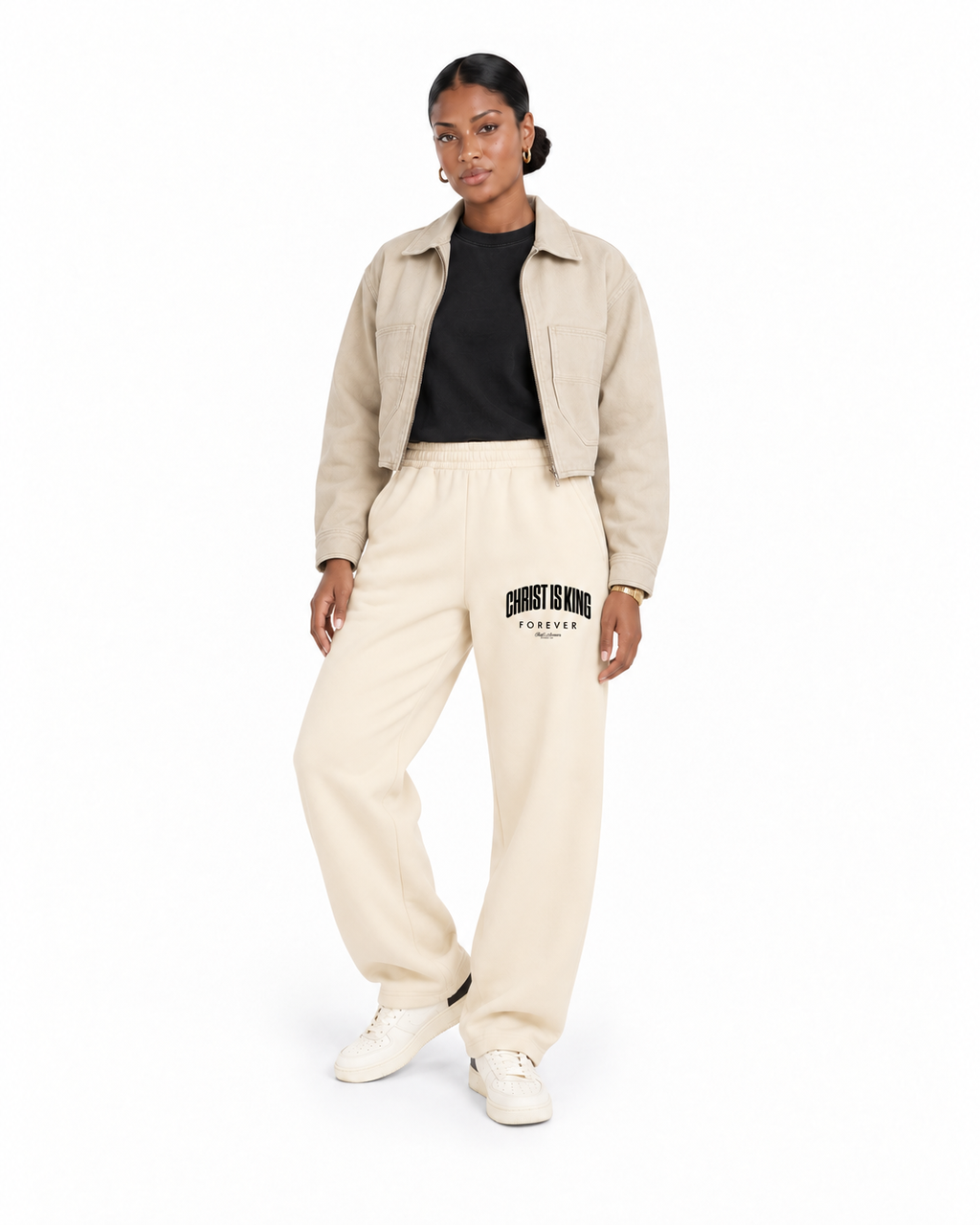 Chief Of Sinners Unisex Barrel Leg Sweatpants — Apricot bottoms, female alternate front outfit