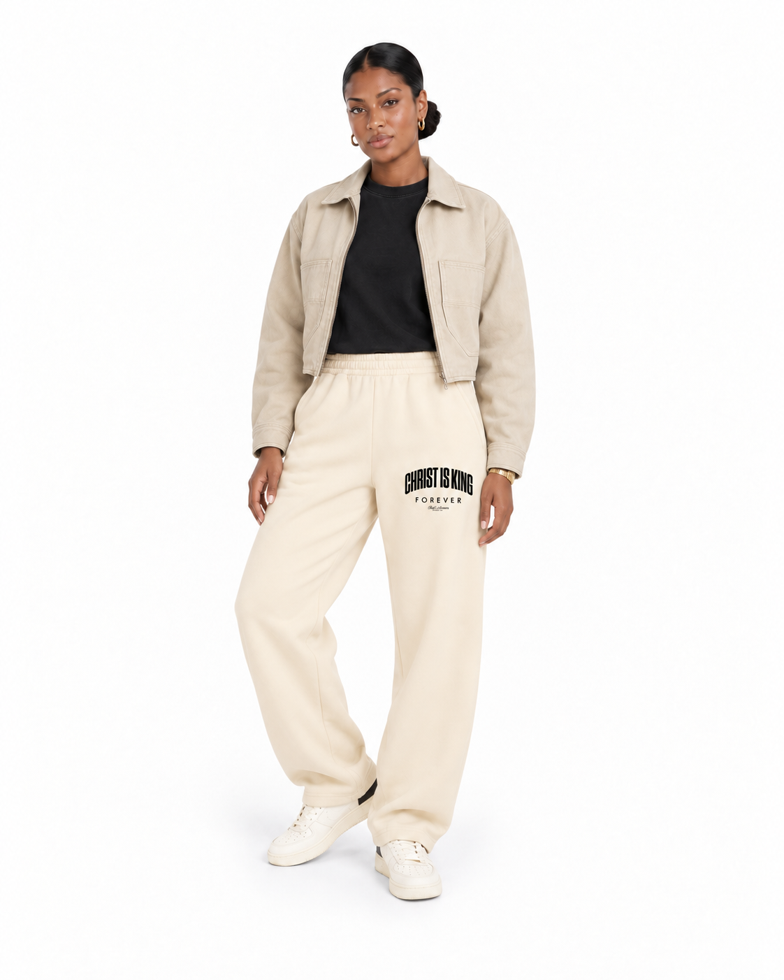 Chief Of Sinners Unisex Barrel Leg Sweatpants — Apricot bottoms, female alternate front outfit