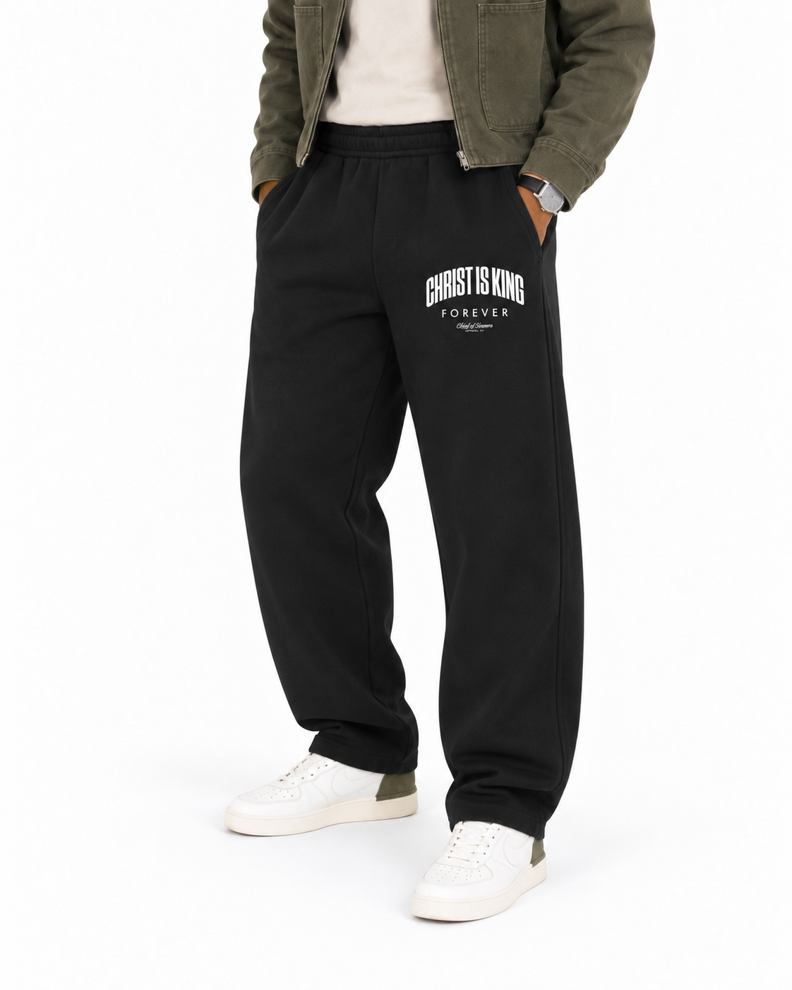 Chief Of Sinners Unisex Barrel Leg Sweatpants — Black bottoms, male fit detail