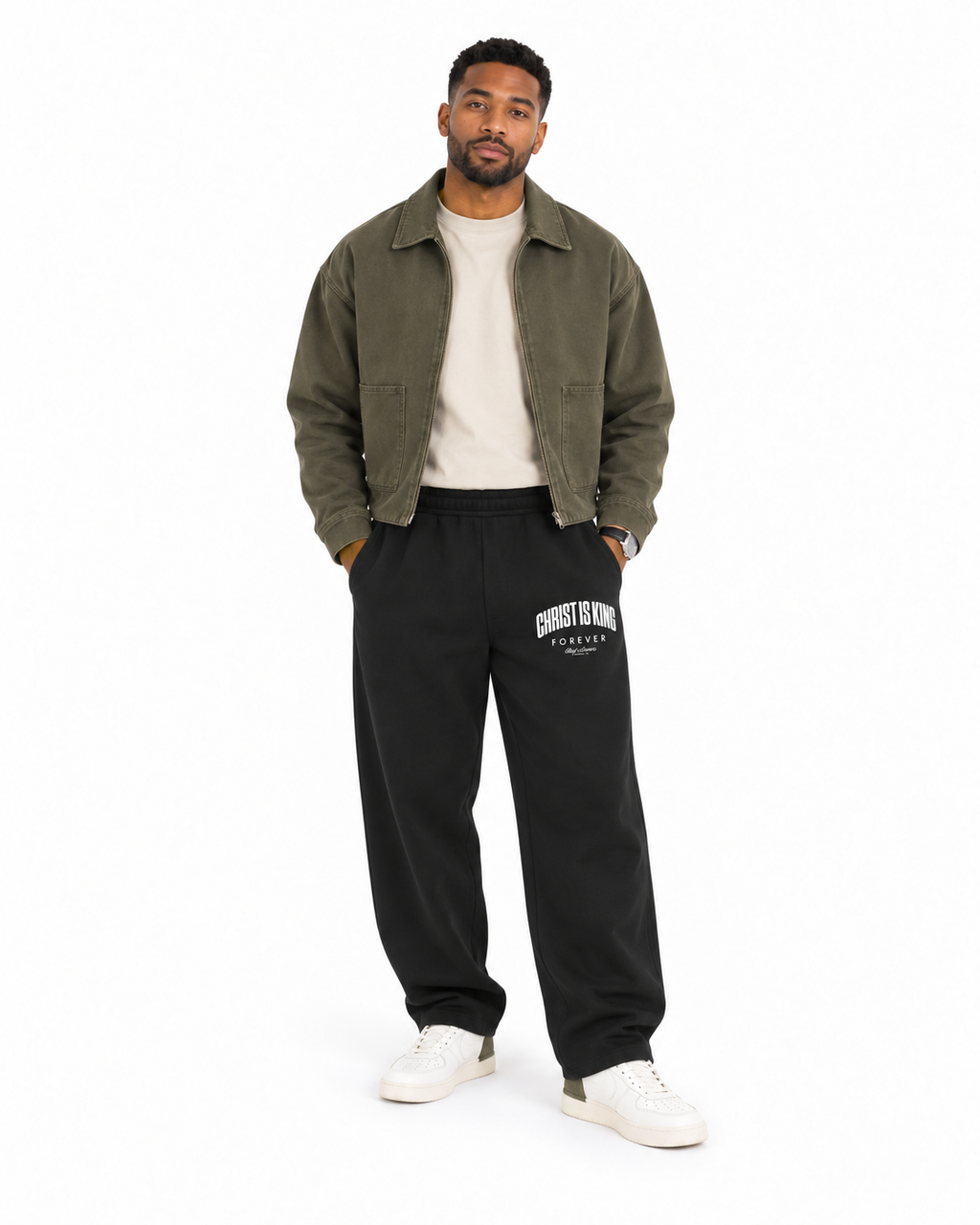 Chief Of Sinners Unisex Barrel Leg Sweatpants — Black bottoms, male front outfit