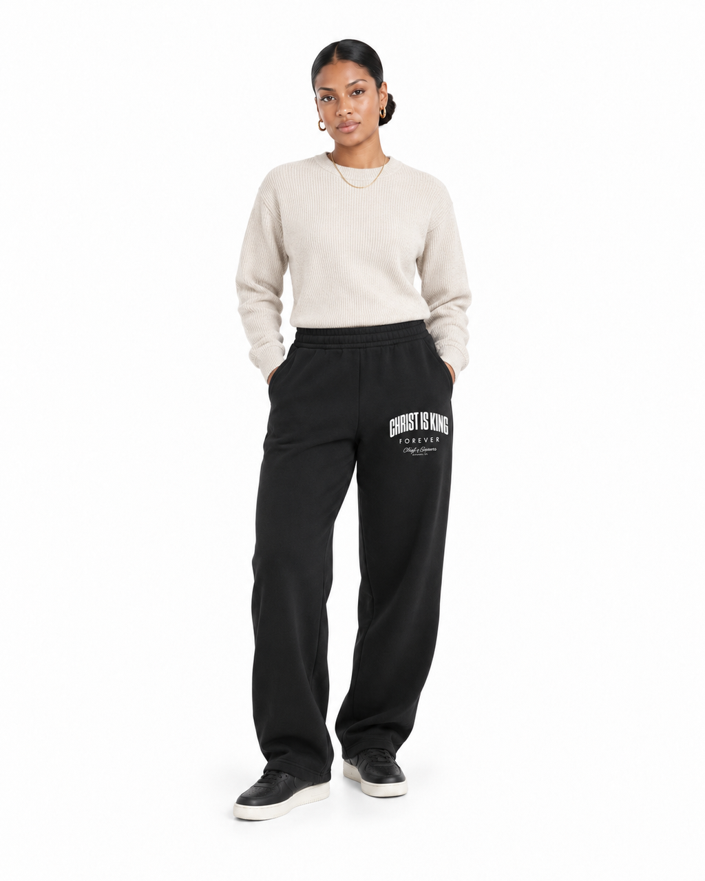Chief Of Sinners Unisex Barrel Leg Sweatpants — Black bottoms, female front outfit