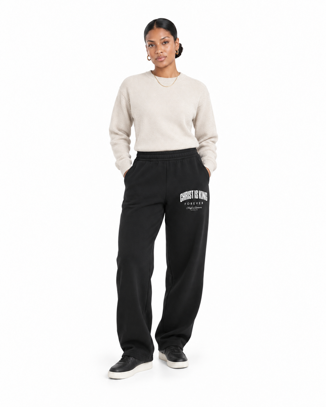 Chief Of Sinners Unisex Barrel Leg Sweatpants — Black bottoms, female front outfit