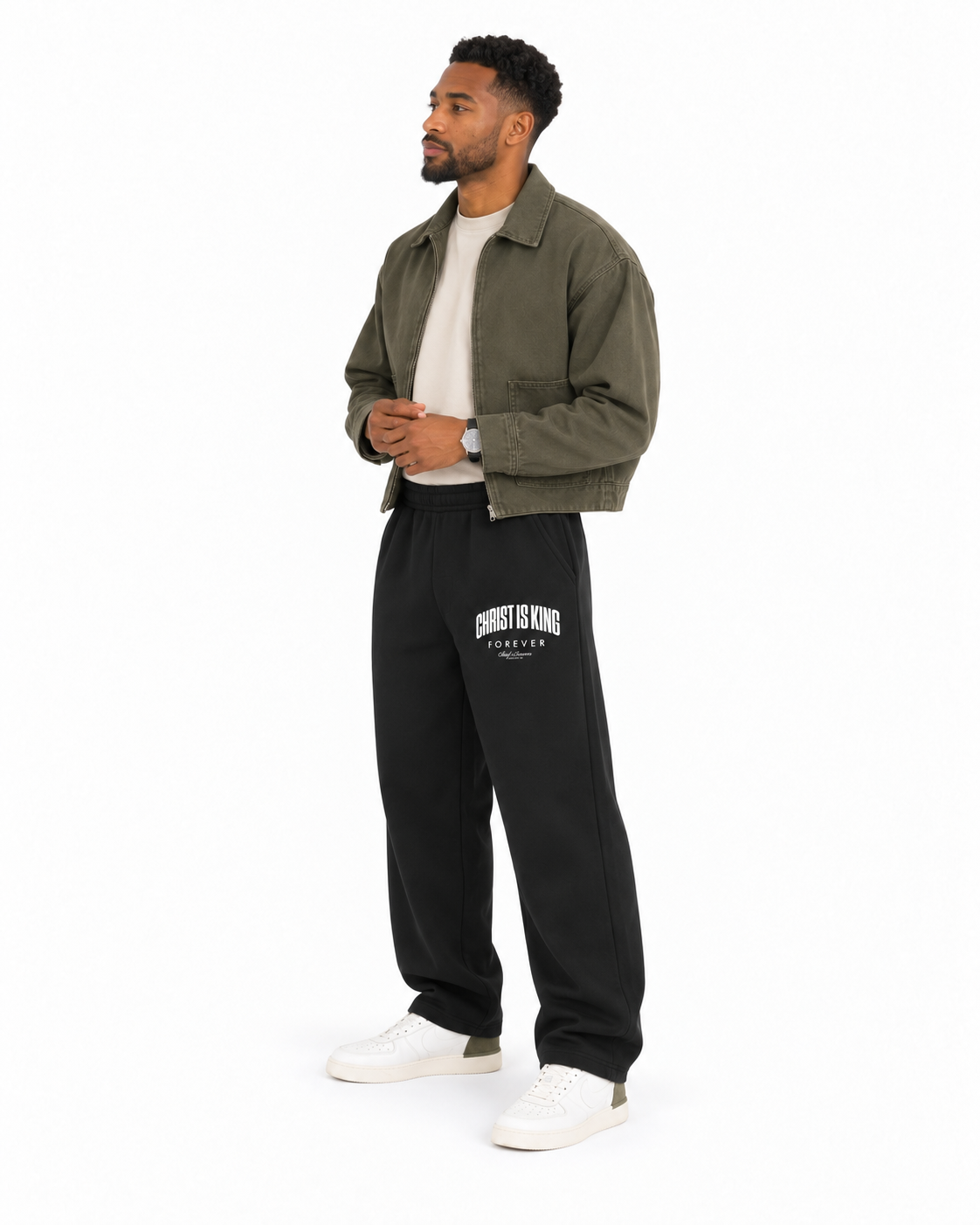 Chief Of Sinners Unisex Barrel Leg Sweatpants — Black bottoms, male side outfit