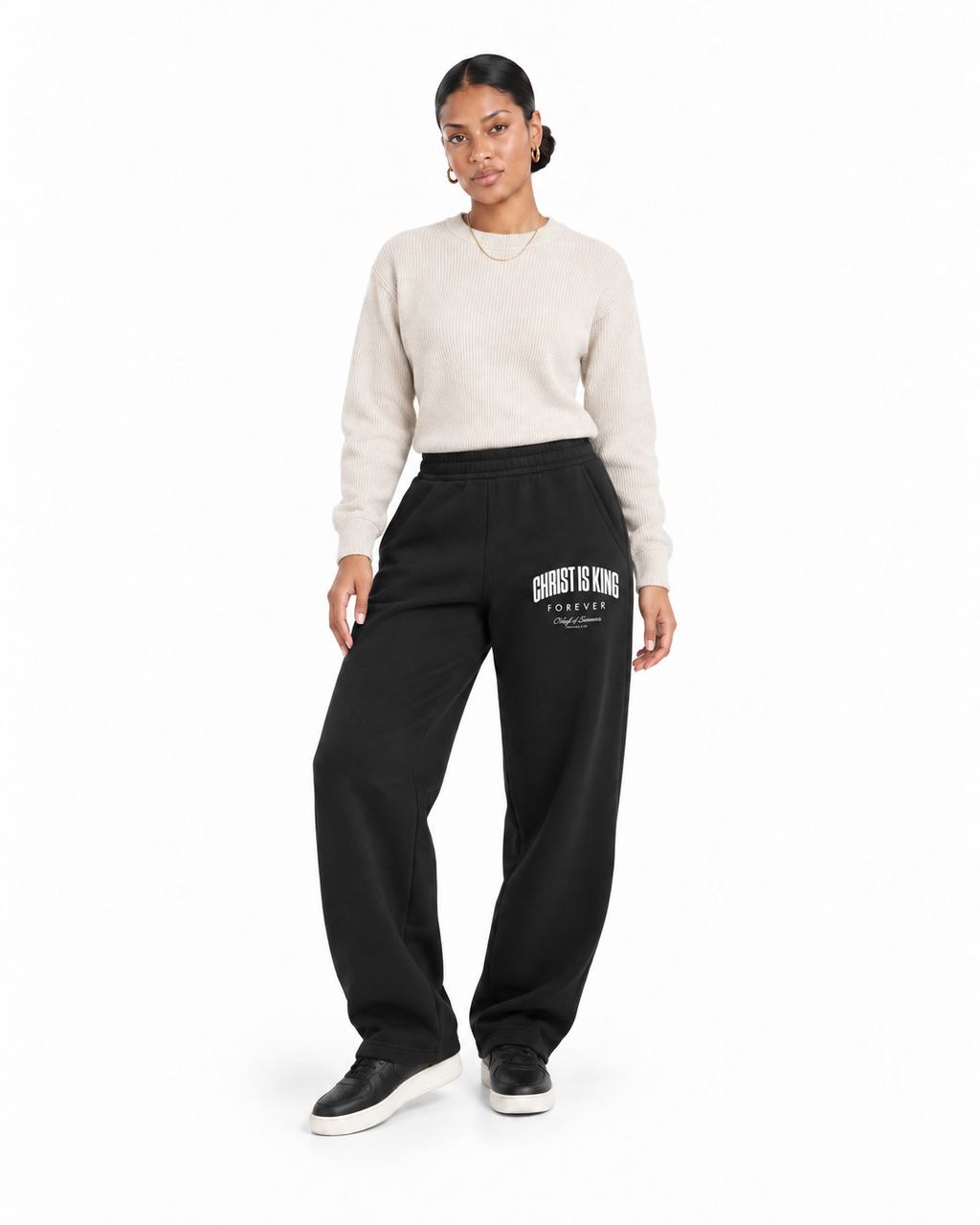 Chief Of Sinners Unisex Barrel Leg Sweatpants — Black bottoms, female alternate front outfit