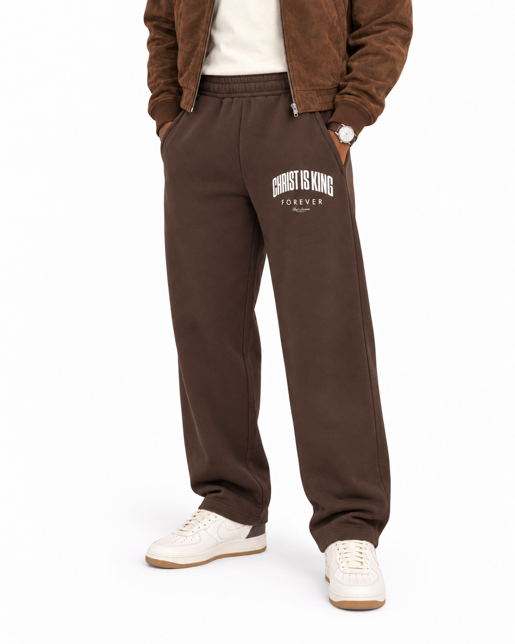 Chief Of Sinners Unisex Barrel Leg Sweatpants — Coffee bottoms, male fit detail