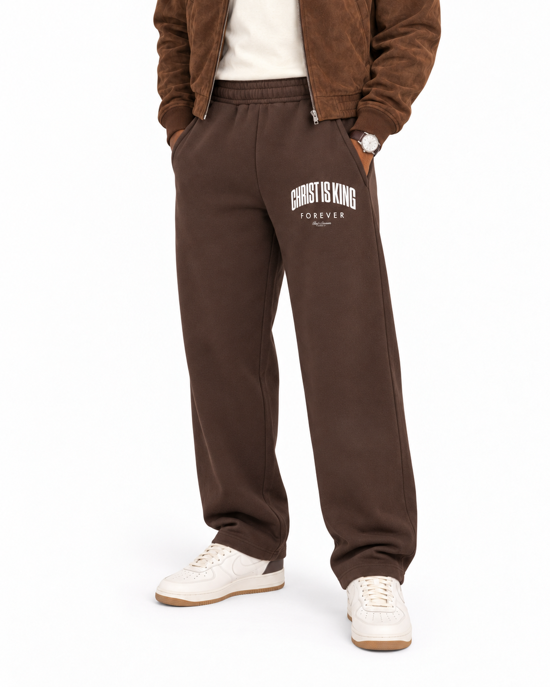 Chief Of Sinners Unisex Barrel Leg Sweatpants — Coffee bottoms, male fit detail