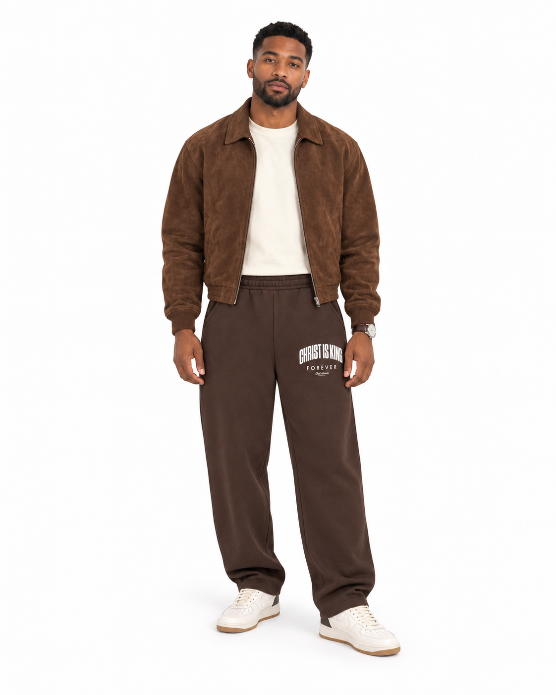 Chief Of Sinners Unisex Barrel Leg Sweatpants — Coffee bottoms, male front outfit