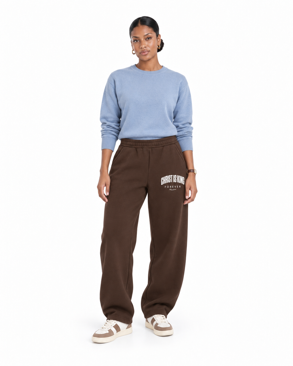 Chief Of Sinners Unisex Barrel Leg Sweatpants — Coffee bottoms, female front outfit