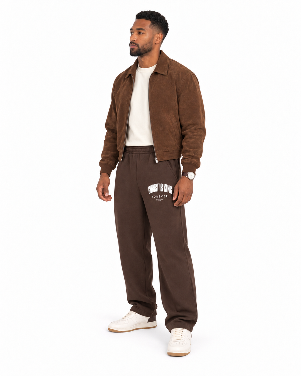Chief Of Sinners Unisex Barrel Leg Sweatpants — Coffee bottoms, male side outfit