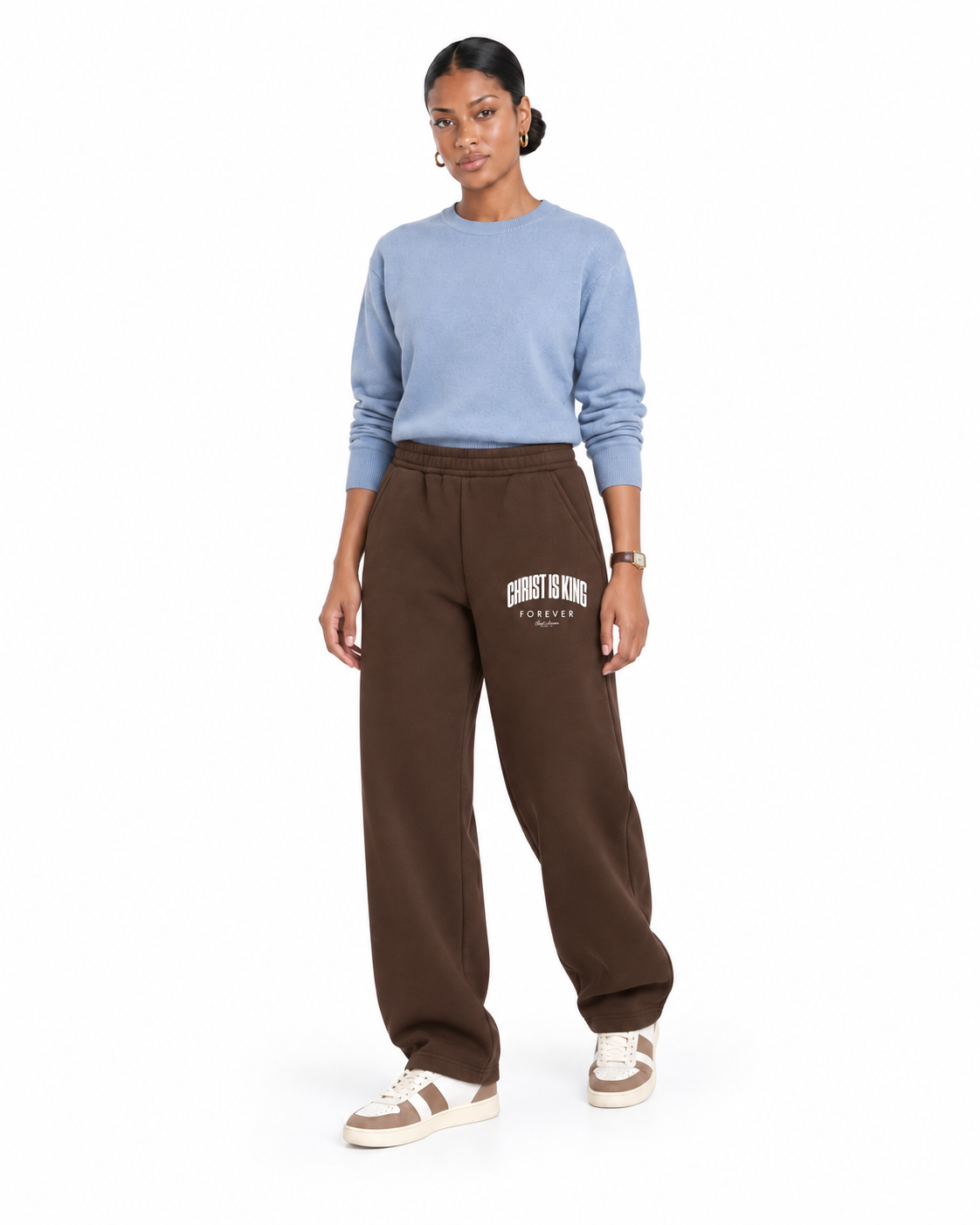 Chief Of Sinners Unisex Barrel Leg Sweatpants — Coffee bottoms, female alternate front outfit
