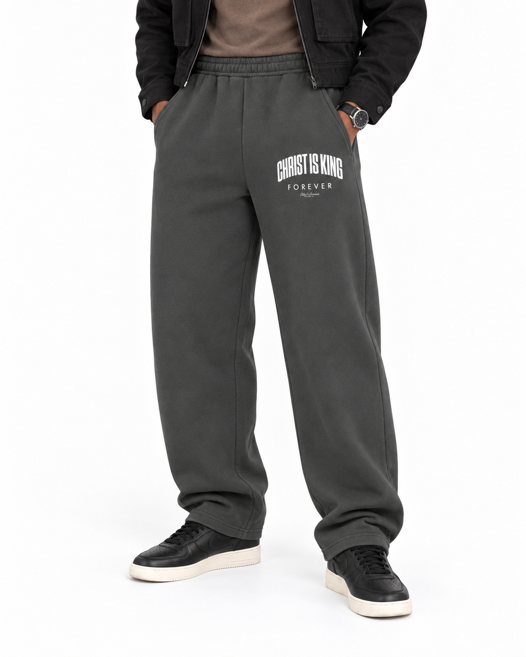 Chief Of Sinners Unisex Barrel Leg Sweatpants — Dark Gray bottoms, male fit detail