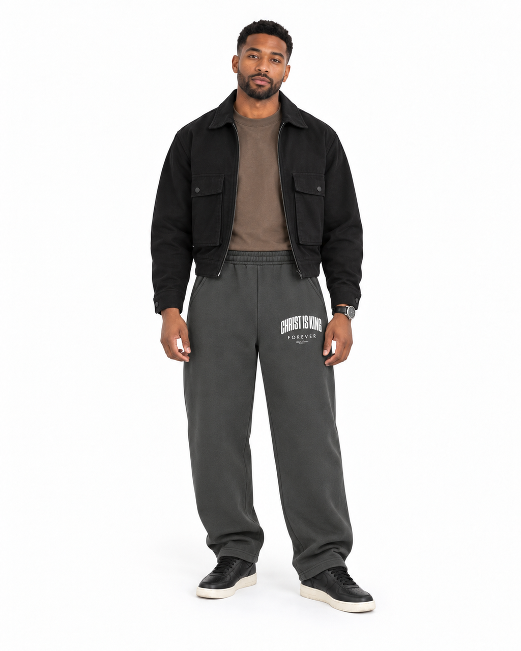 Chief Of Sinners Unisex Barrel Leg Sweatpants — Dark Gray bottoms, male front outfit