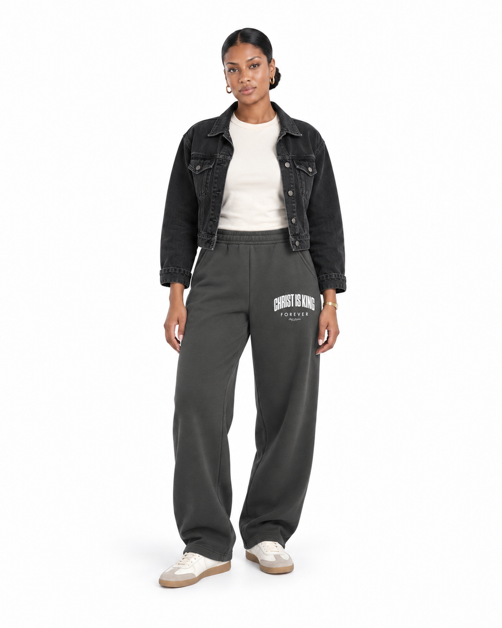 Chief Of Sinners Unisex Barrel Leg Sweatpants — Dark Gray bottoms, female front outfit
