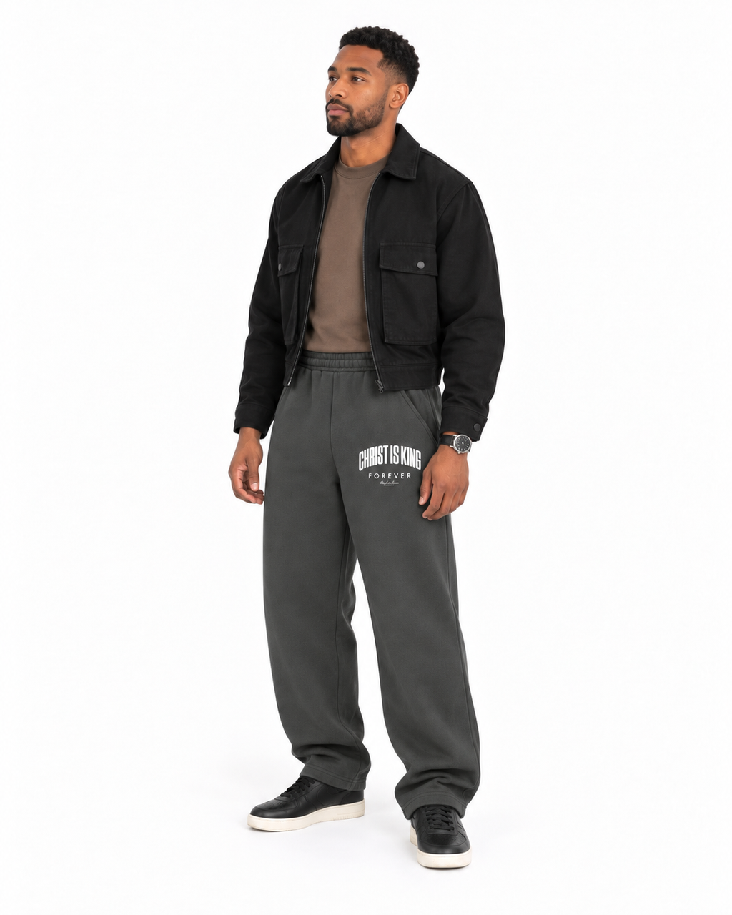 Chief Of Sinners Unisex Barrel Leg Sweatpants — Dark Gray bottoms, male side outfit