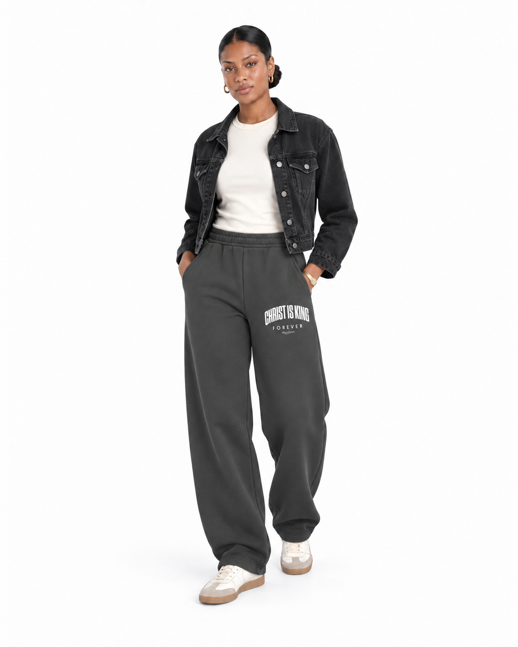Chief Of Sinners Unisex Barrel Leg Sweatpants — Dark Gray bottoms, female alternate front outfit