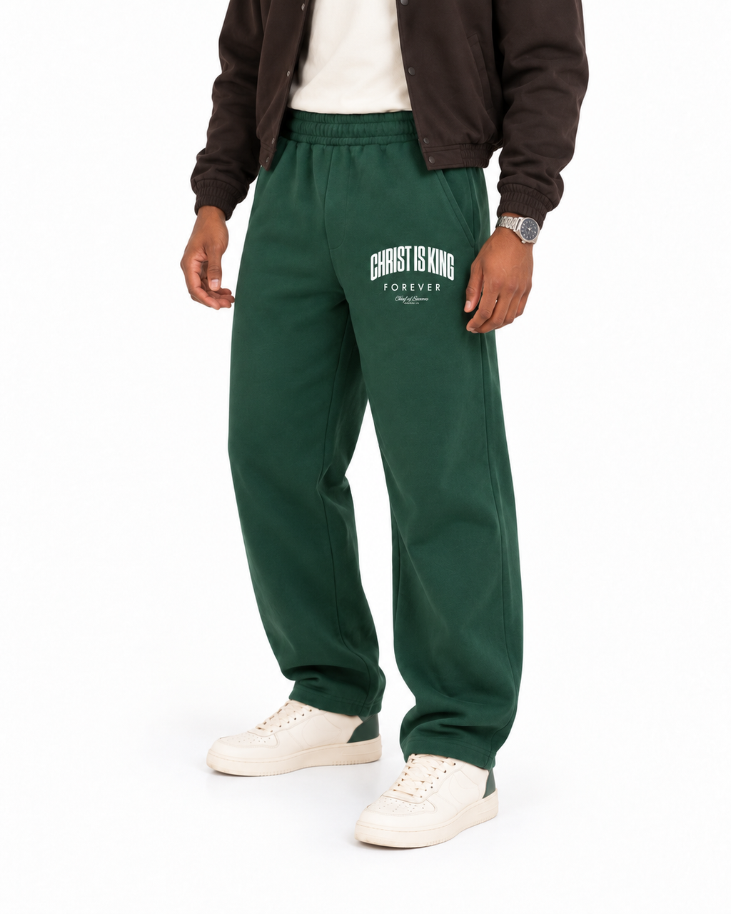 Chief Of Sinners Unisex Barrel Leg Sweatpants — Dark Green bottoms, male fit detail