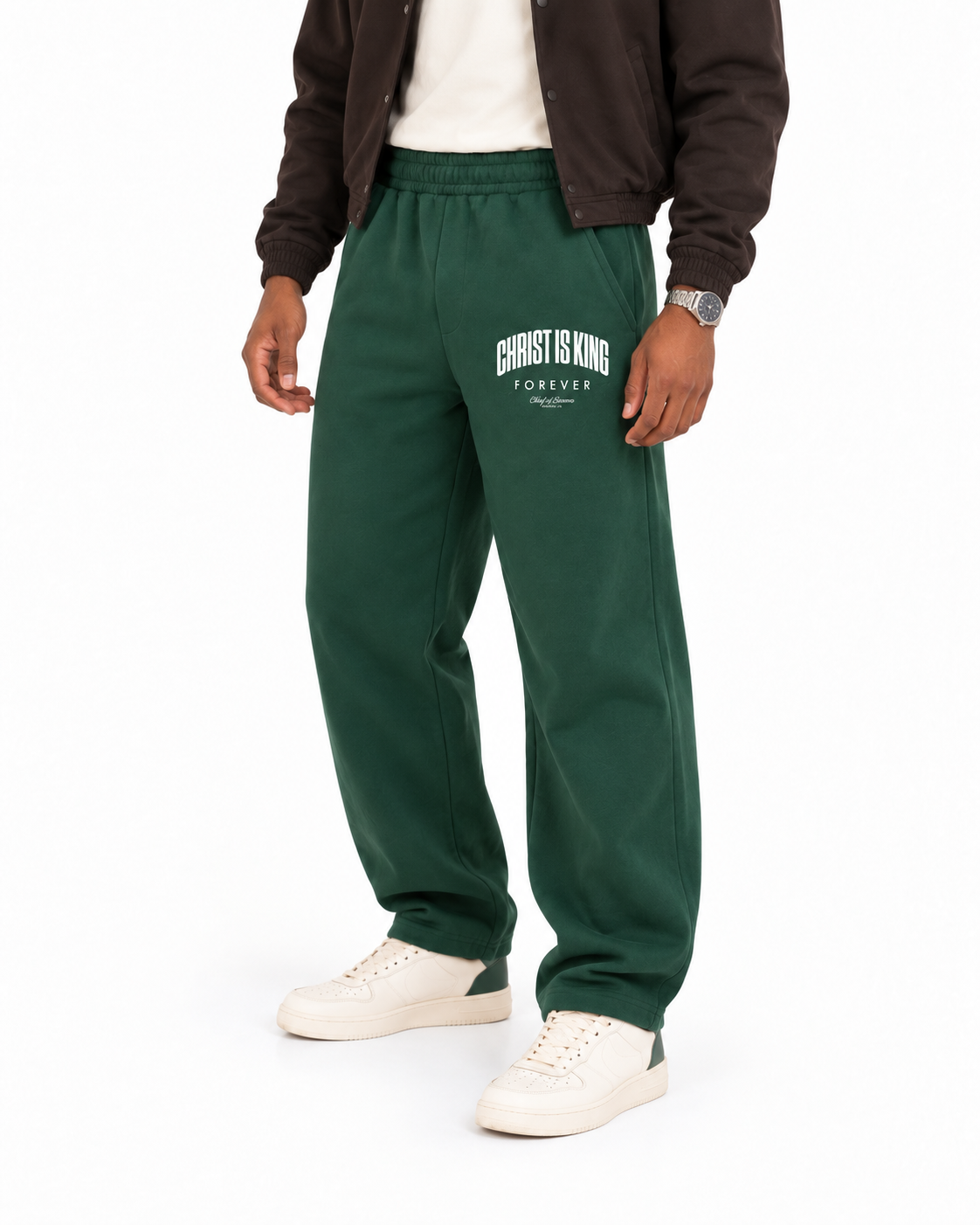 Chief Of Sinners Unisex Barrel Leg Sweatpants — Dark Green bottoms, male fit detail