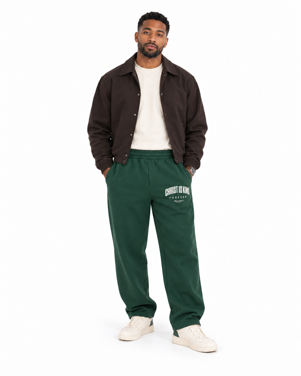 Chief Of Sinners Unisex Barrel Leg Sweatpants — Dark Green bottoms, male front outfit
