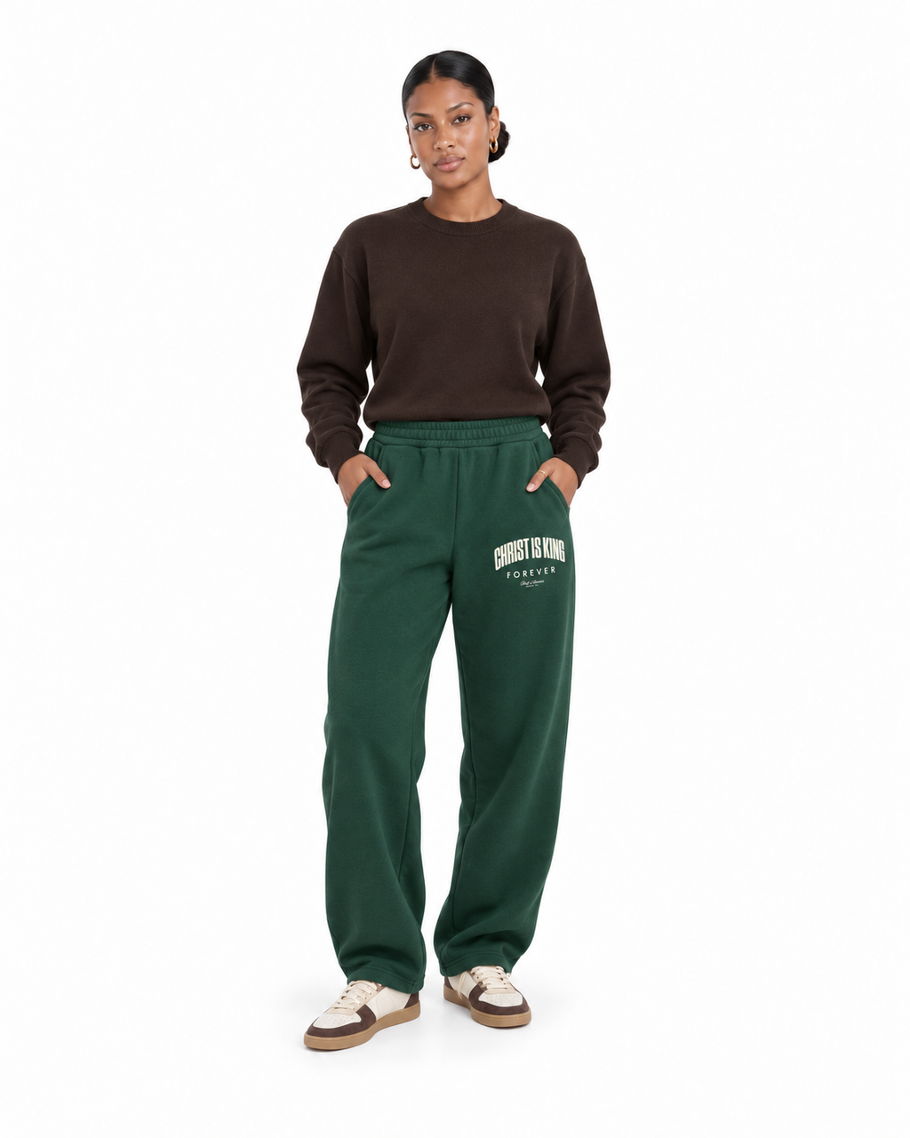 Chief Of Sinners Unisex Barrel Leg Sweatpants — Dark Green bottoms, female front outfit