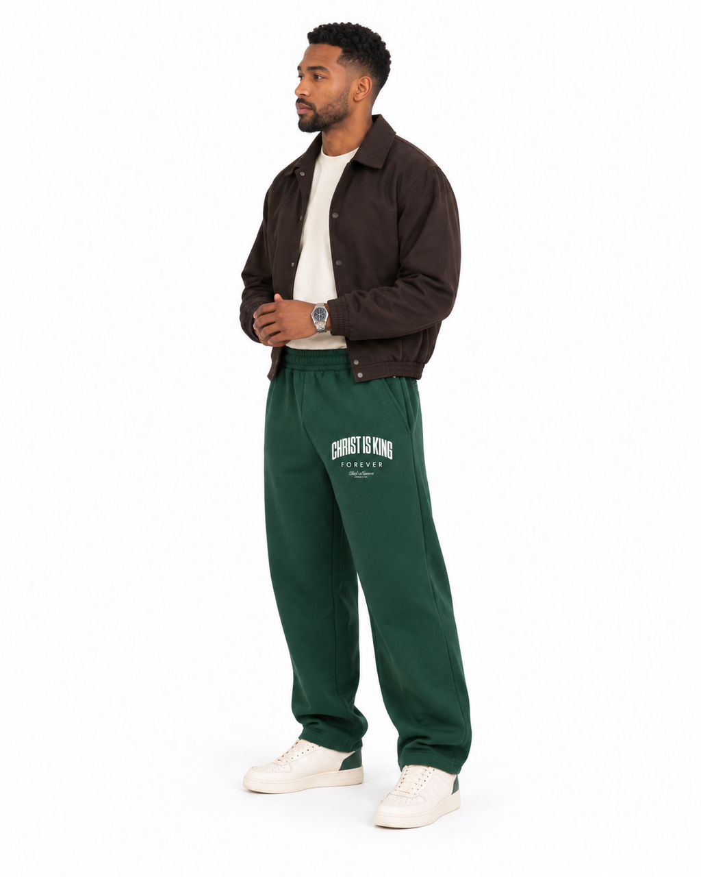 Chief Of Sinners Unisex Barrel Leg Sweatpants — Dark Green bottoms, male side outfit