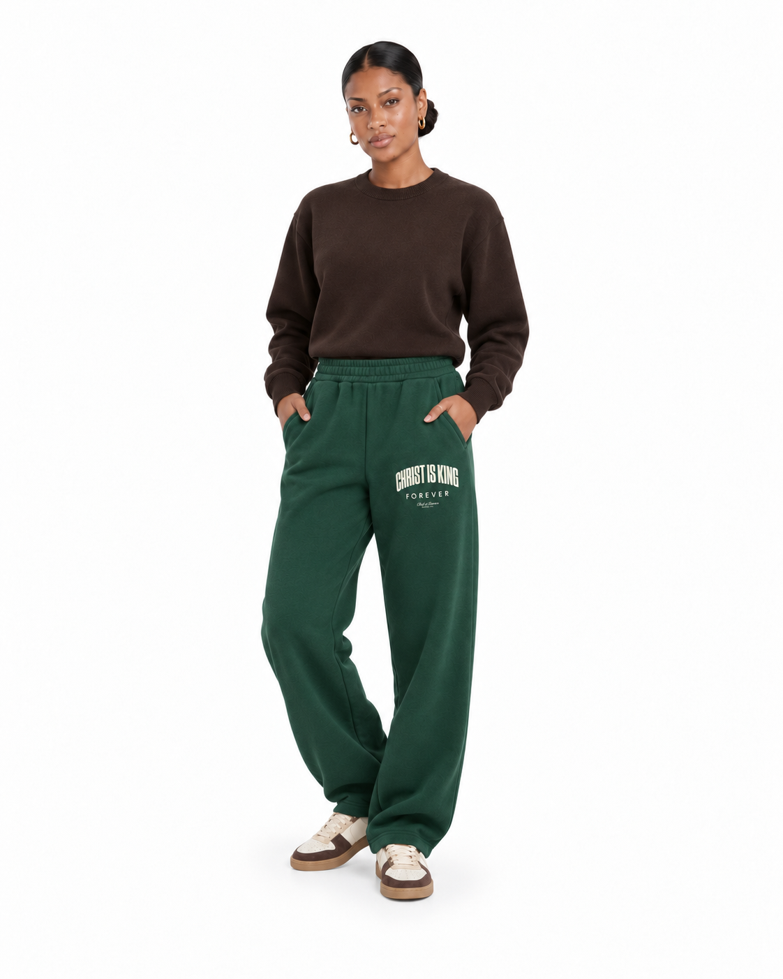 Chief Of Sinners Unisex Barrel Leg Sweatpants — Dark Green bottoms, female alternate front outfit