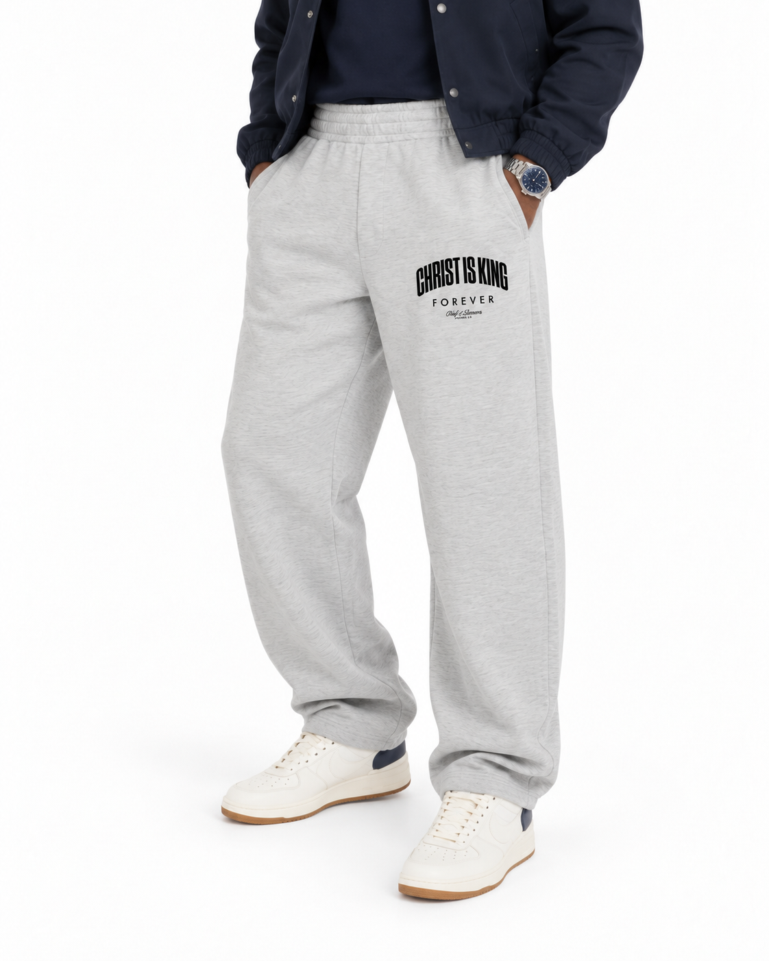 Chief Of Sinners Unisex Barrel Leg Sweatpants — Flower Gray bottoms, male fit detail