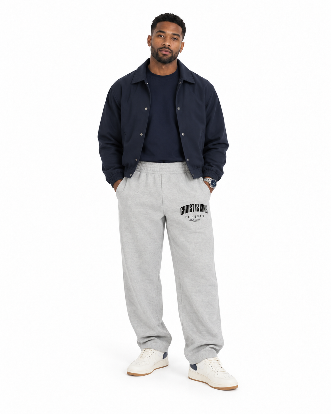 Chief Of Sinners Unisex Barrel Leg Sweatpants — Flower Gray bottoms, male front outfit