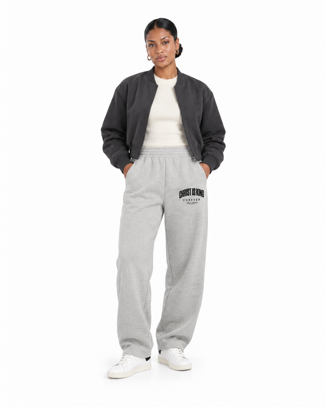 Chief Of Sinners Unisex Barrel Leg Sweatpants — Flower Gray bottoms, female front outfit