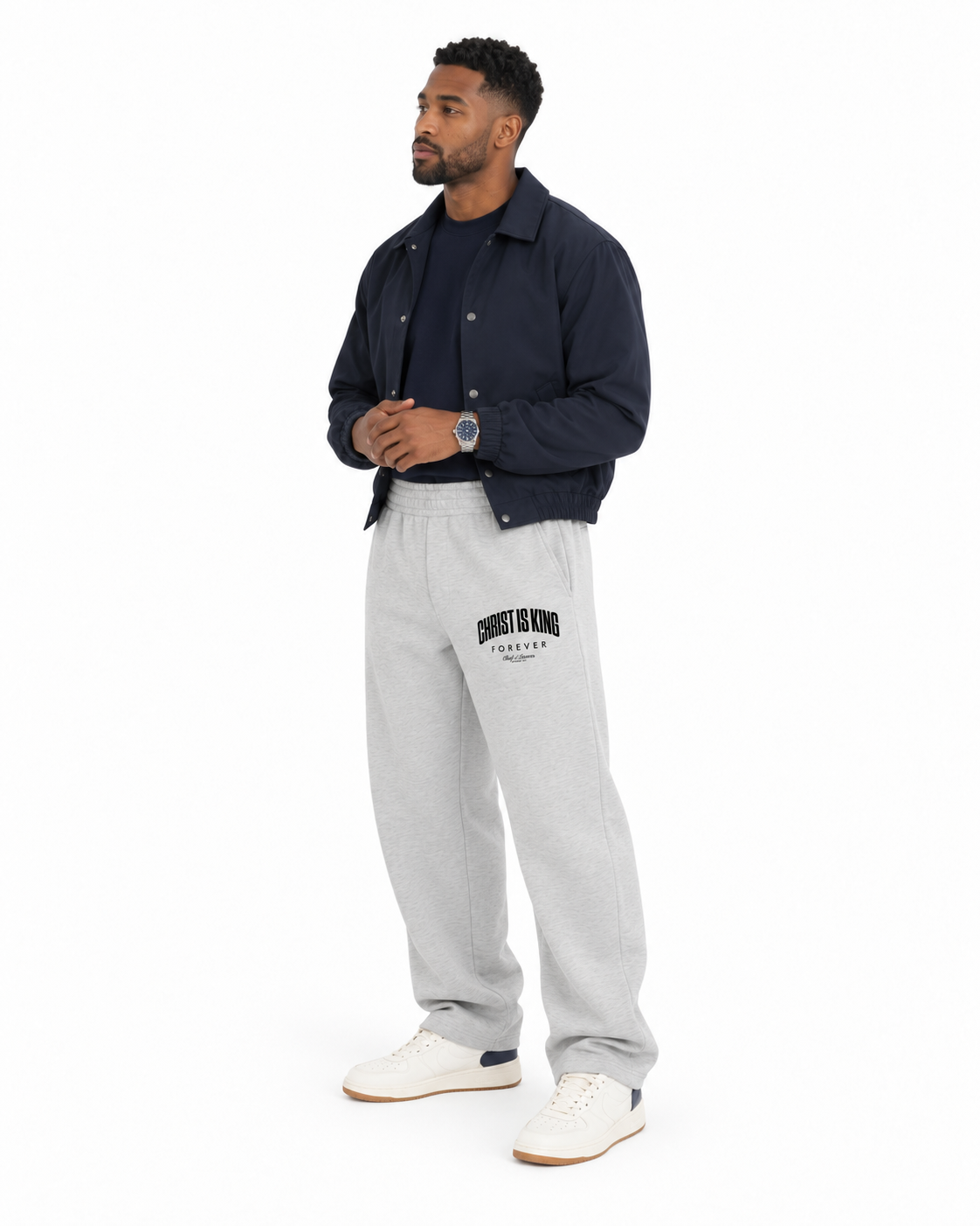 Chief Of Sinners Unisex Barrel Leg Sweatpants — Flower Gray bottoms, male side outfit