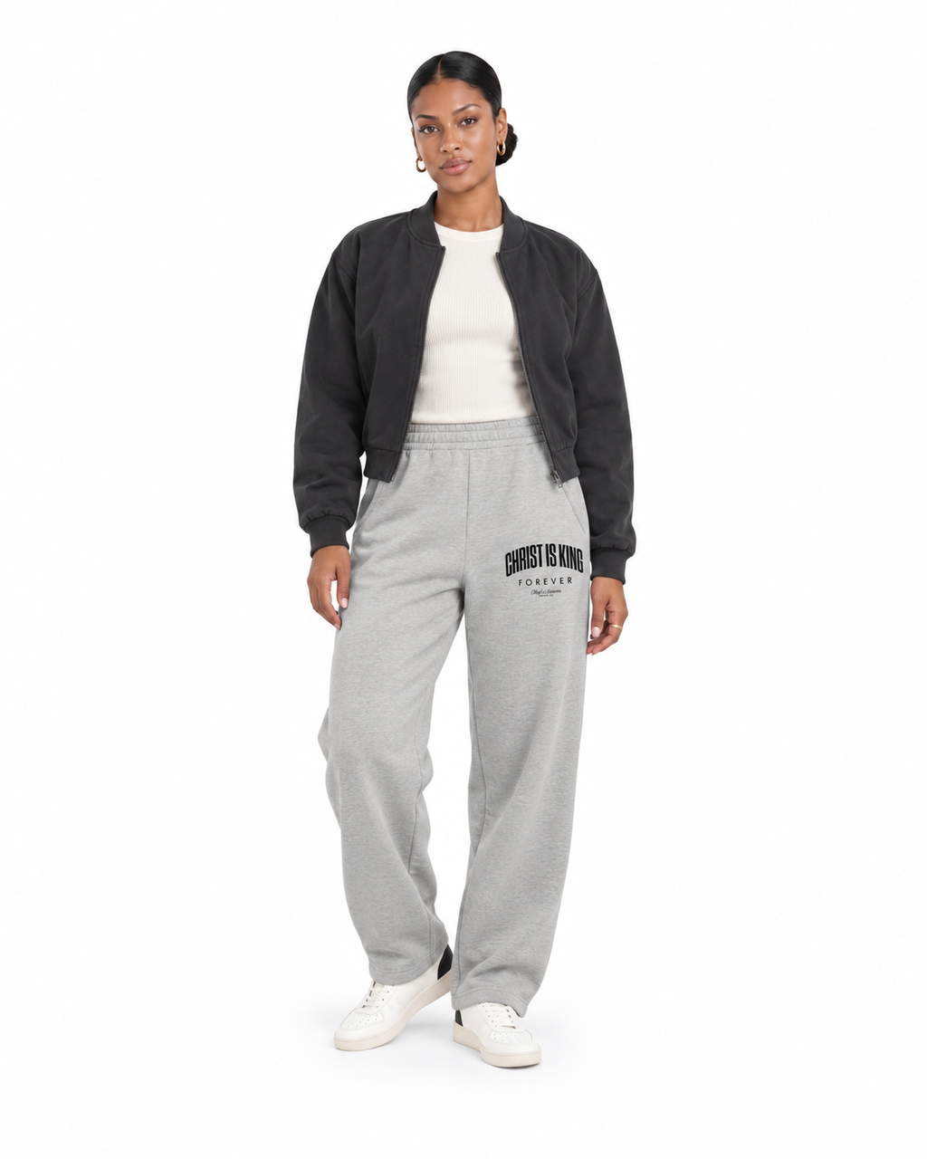 Chief Of Sinners Unisex Barrel Leg Sweatpants — Flower Gray bottoms, female alternate front outfit