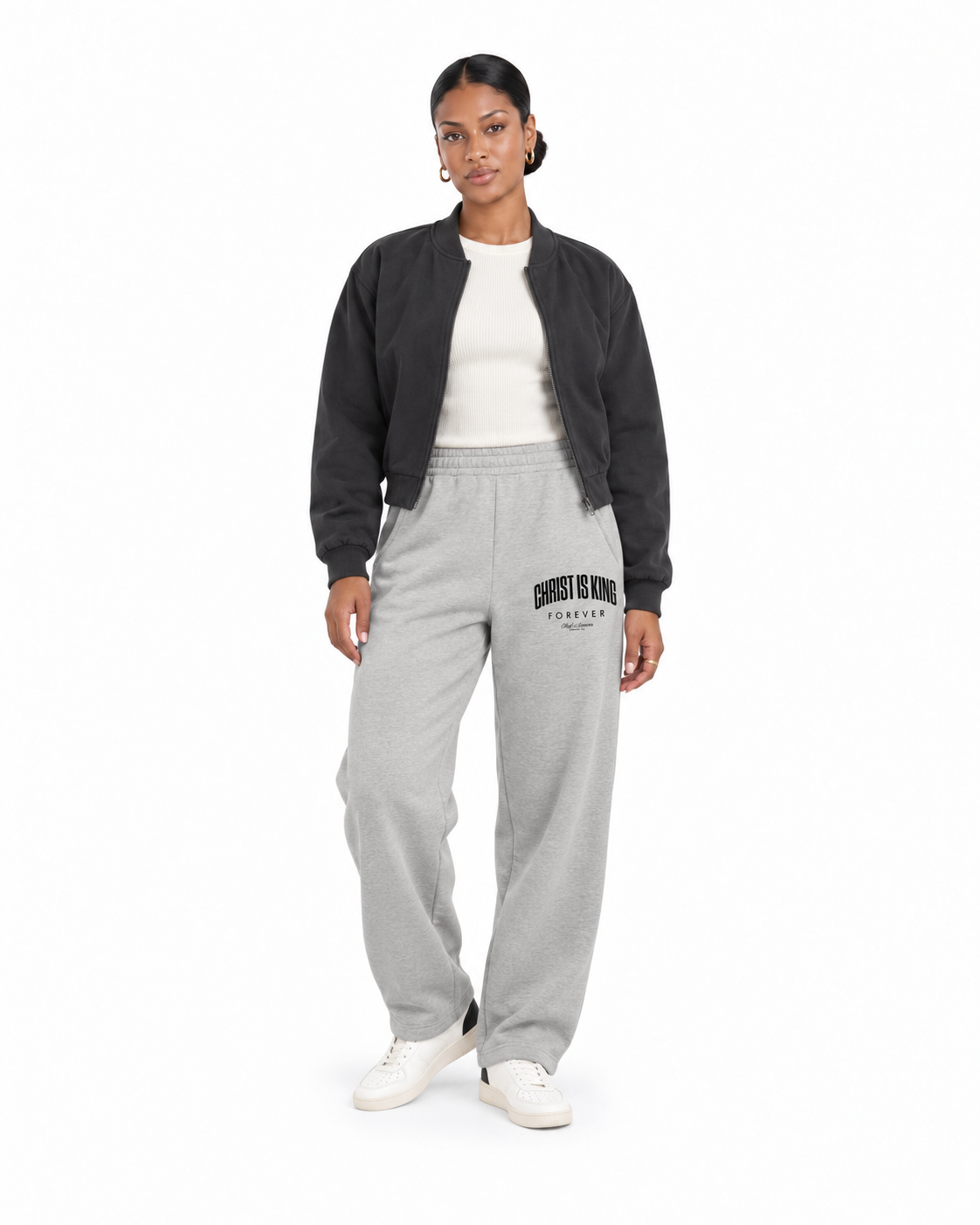Chief Of Sinners Unisex Barrel Leg Sweatpants — Flower Gray bottoms, female alternate front outfit