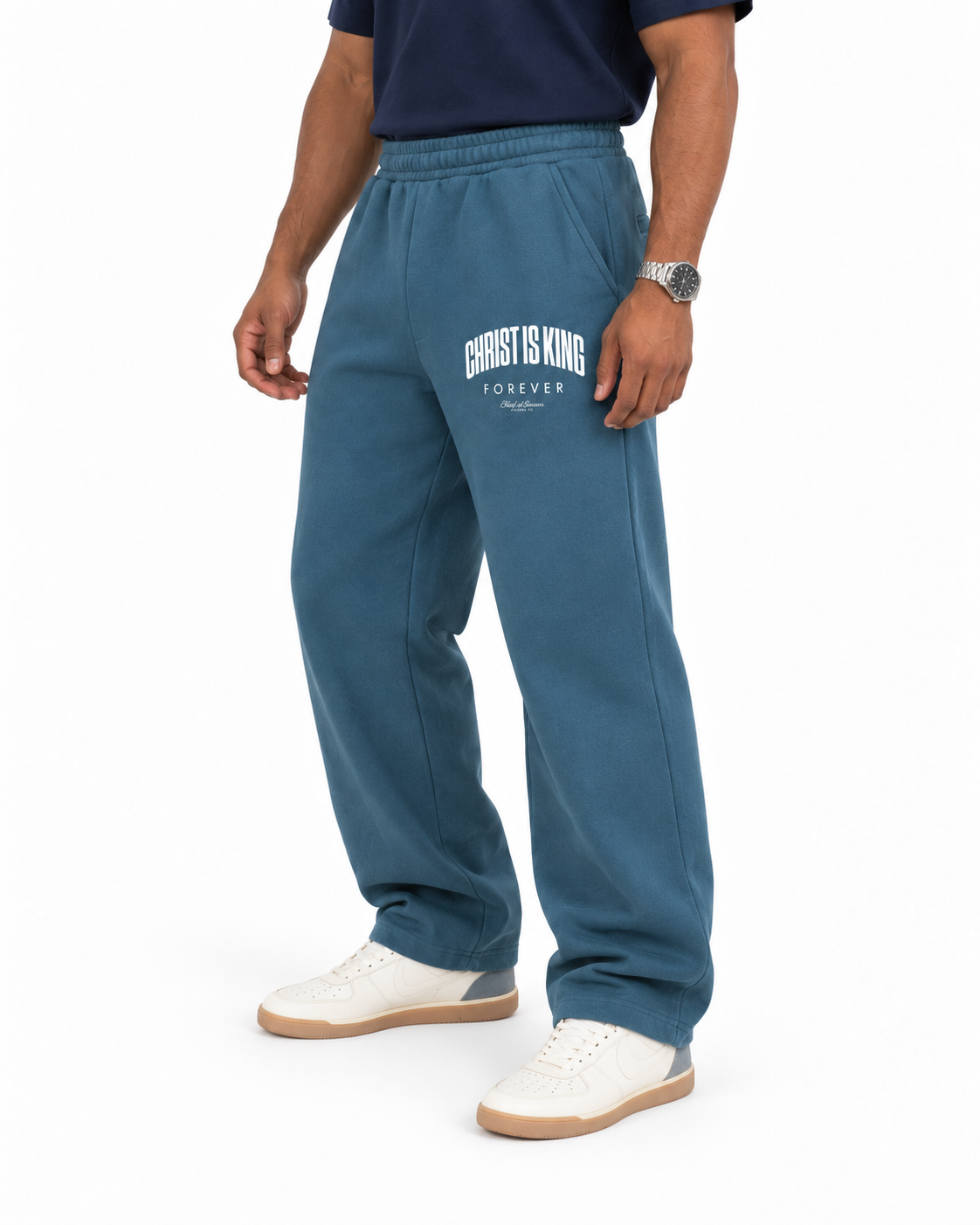 Chief Of Sinners Unisex Barrel Leg Sweatpants — Haze Blue bottoms, male fit detail