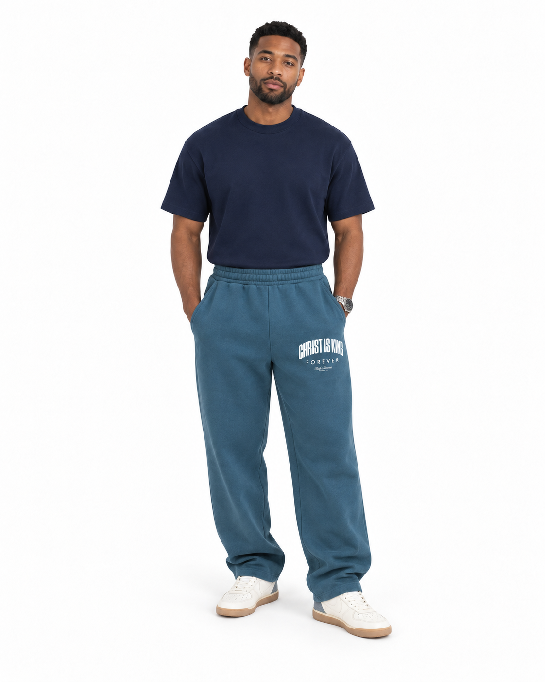 Chief Of Sinners Unisex Barrel Leg Sweatpants — Haze Blue bottoms, male front outfit