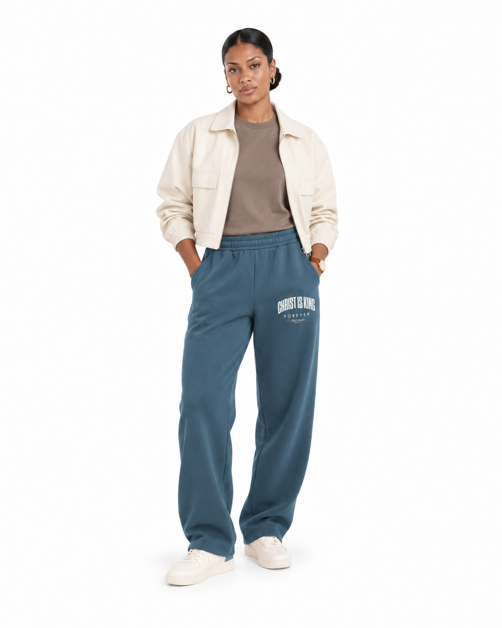 Chief Of Sinners Unisex Barrel Leg Sweatpants — Haze Blue bottoms, female front outfit