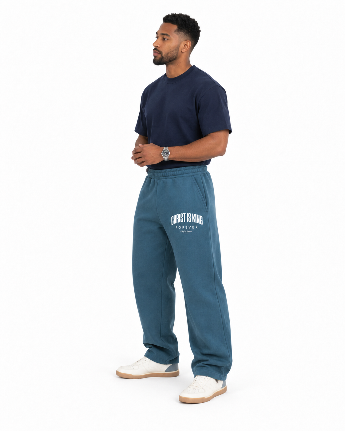 Chief Of Sinners Unisex Barrel Leg Sweatpants — Haze Blue bottoms, male side outfit