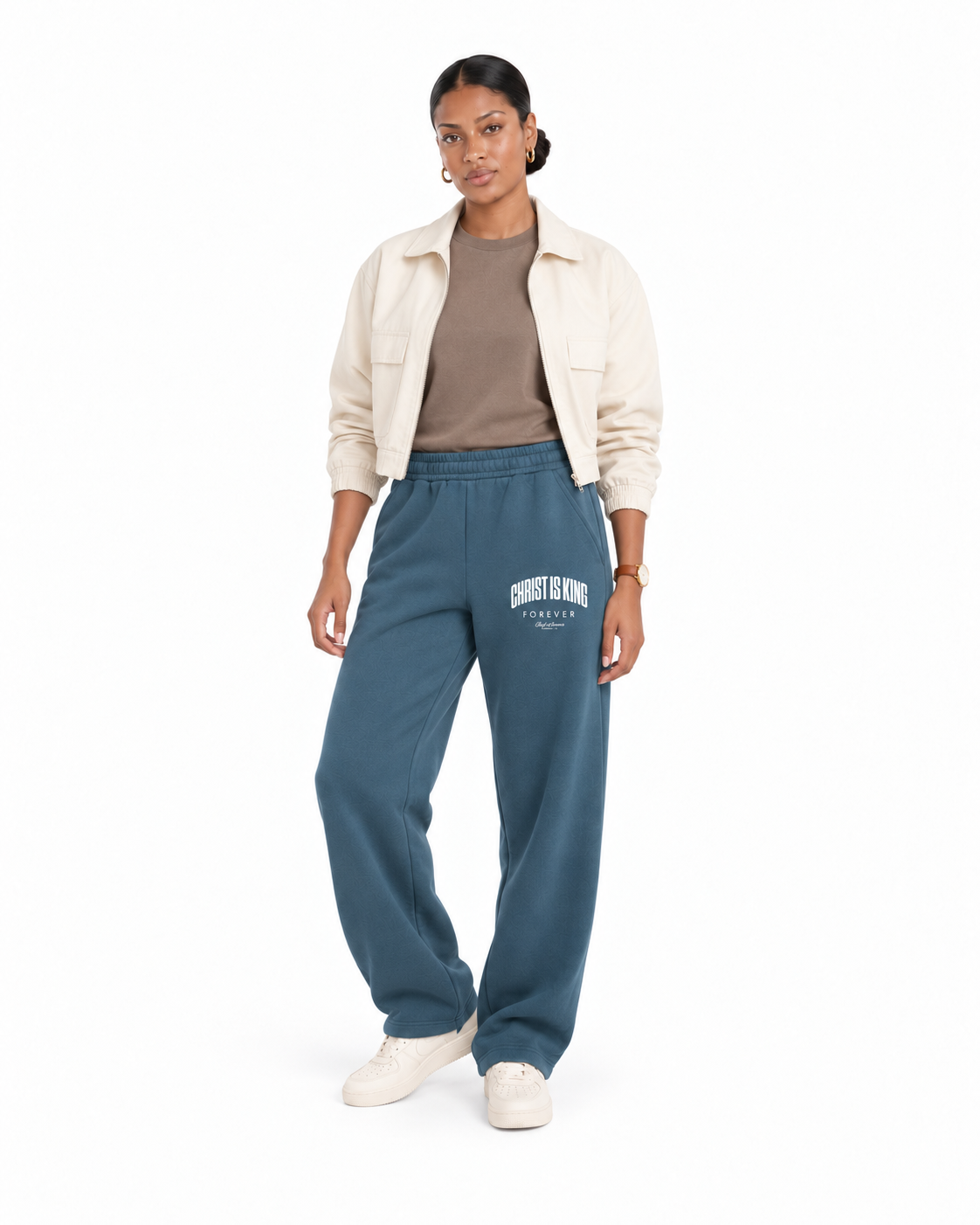 Chief Of Sinners Unisex Barrel Leg Sweatpants — Haze Blue bottoms, female alternate front outfit