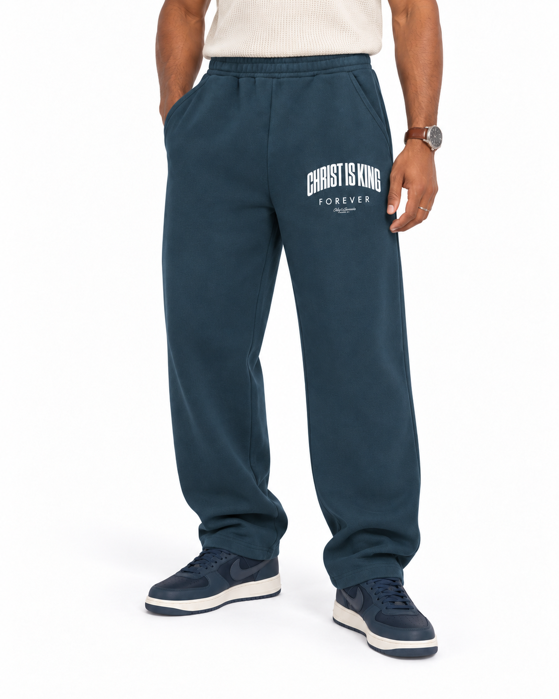Chief Of Sinners Unisex Barrel Leg Sweatpants — Navy Blue bottoms, male fit detail