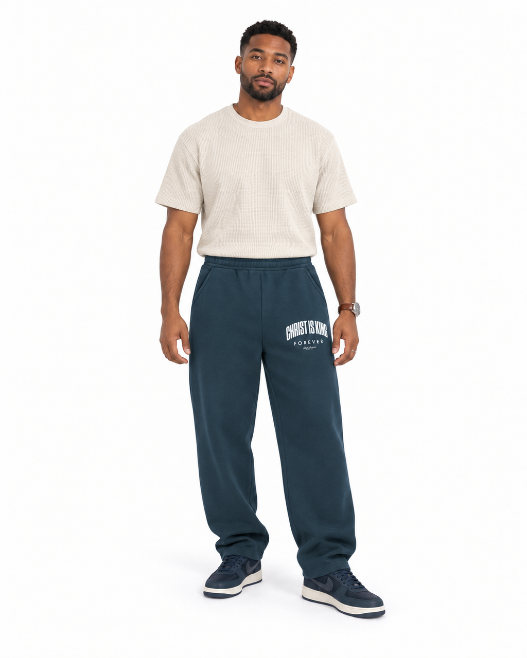 Chief Of Sinners Unisex Barrel Leg Sweatpants — Navy Blue bottoms, male front outfit