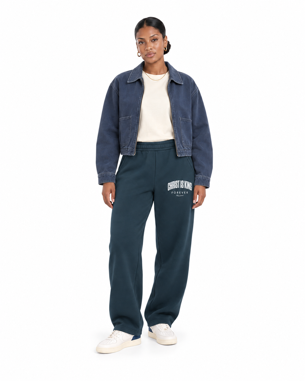 Chief Of Sinners Unisex Barrel Leg Sweatpants — Navy Blue bottoms, female front outfit