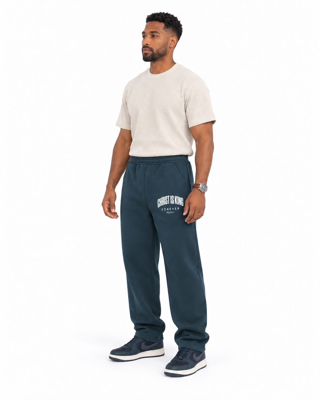 Chief Of Sinners Unisex Barrel Leg Sweatpants — Navy Blue bottoms, male side outfit