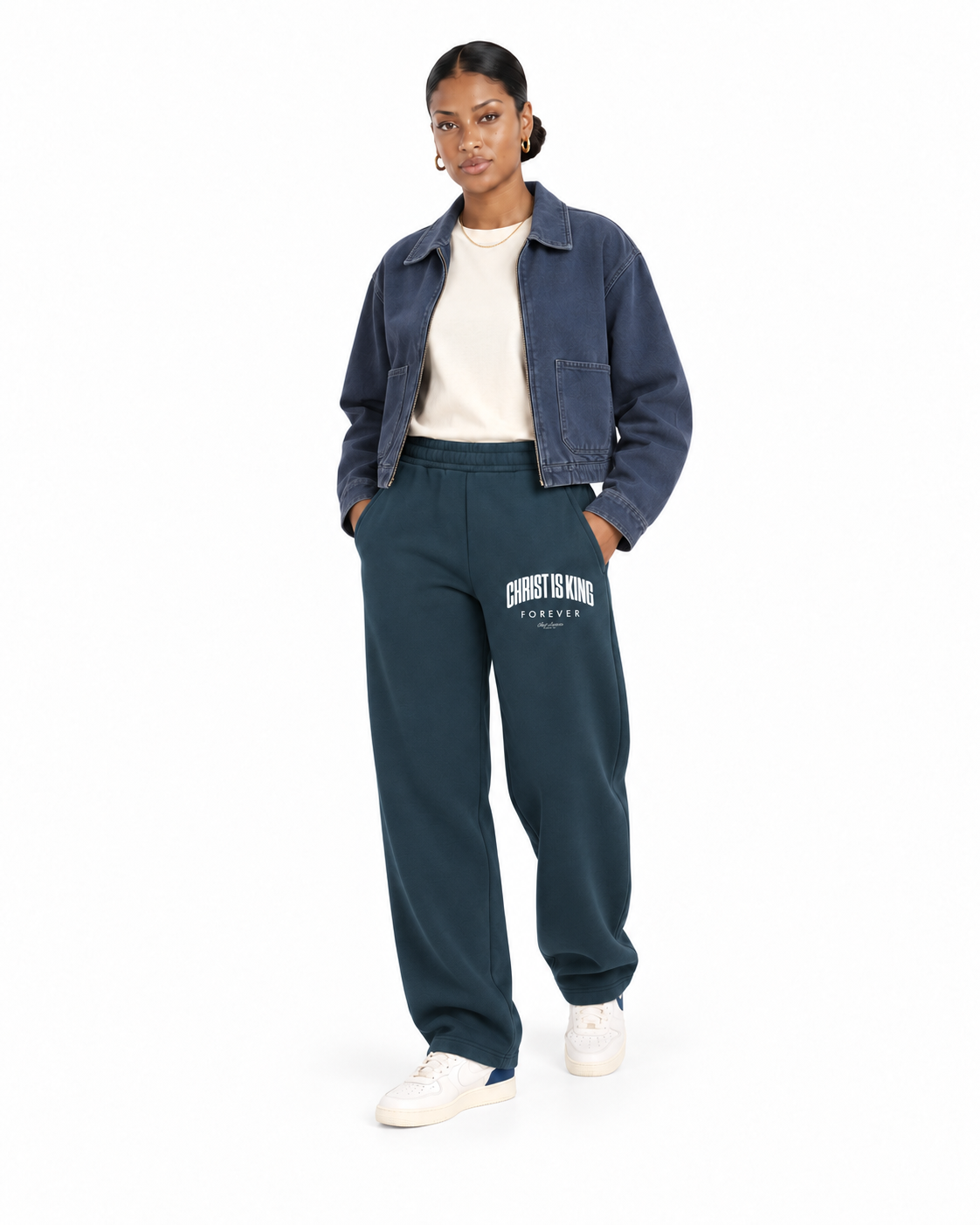 Chief Of Sinners Unisex Barrel Leg Sweatpants — Navy Blue bottoms, female alternate front outfit