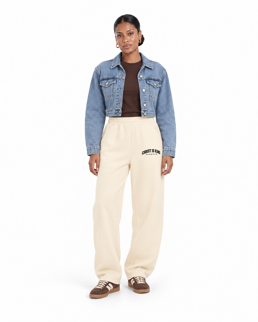 Chief Of Sinners Essential Oversized Boxy Fit Fleece Hoodie — Apricot bottoms, female front outfit