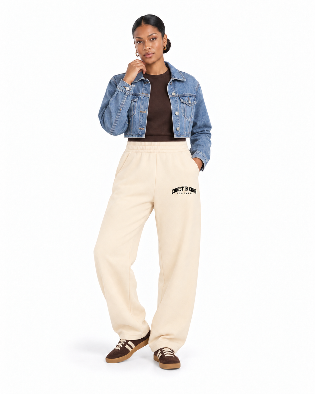 Chief Of Sinners Essential Oversized Boxy Fit Fleece Hoodie — Apricot bottoms, female alternate front outfit