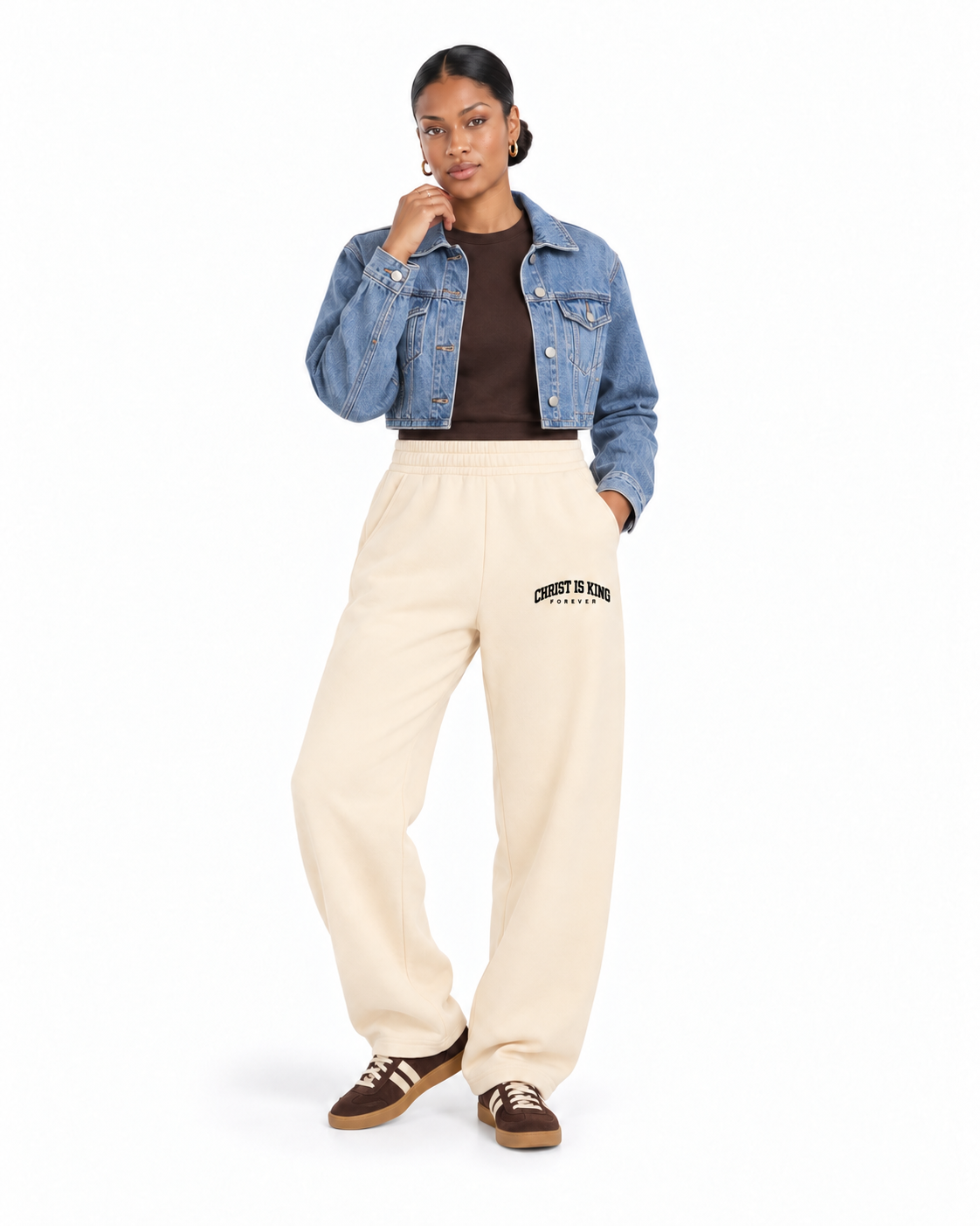 Chief Of Sinners Essential Oversized Boxy Fit Fleece Hoodie — Apricot bottoms, female alternate front outfit