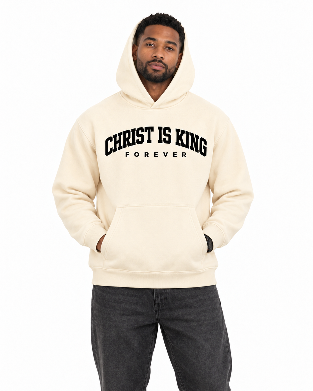 Chief Of Sinners Essential Oversized Boxy Fit Fleece Hoodie — Apricot hoodie, male close-up